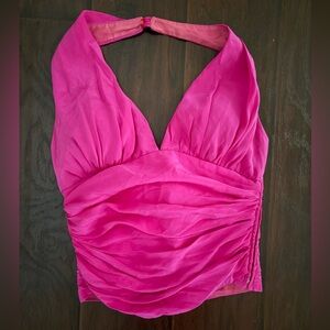 100% Silk Fuchsia Halter Ruched Bust Top with built in padding